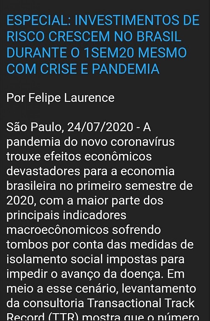 Especial: investimentos de risco crescem no brasil durante o 1sem20 mesmo com crise e pandemia